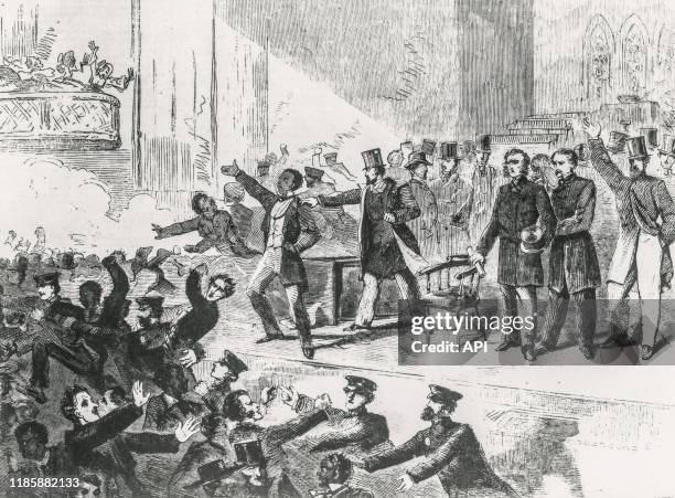 Expulsion des noirs et des abolitionistes après le discours de Frederick Douglass dans l'église Tremont Temple Baptist Church à Boston, le 3 décembre...