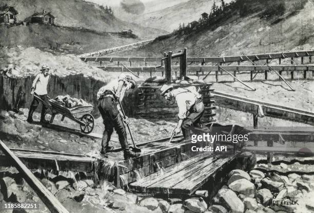 Chercheurs d'or au bord de la rivière Bonanza Creek, en 1898, lors de la ruée vers l'or du Klondike, dans le Yukon, Canada.