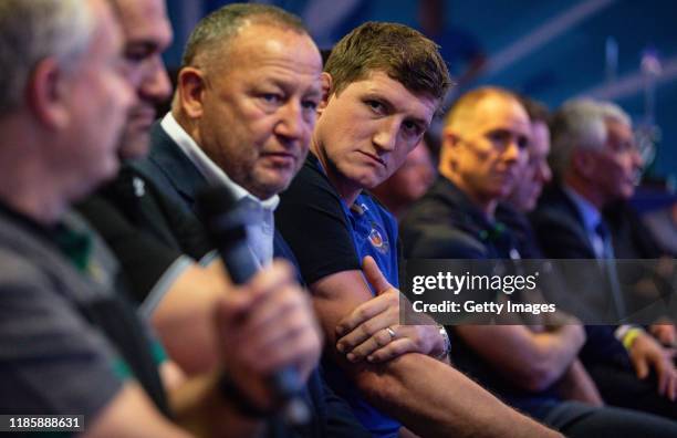 Steve Diamond Director of Rugby at Sale Sharks and Stuart Hooper of Bath Rugby listens intently during the European Rugby Heineken Champions Cup and...