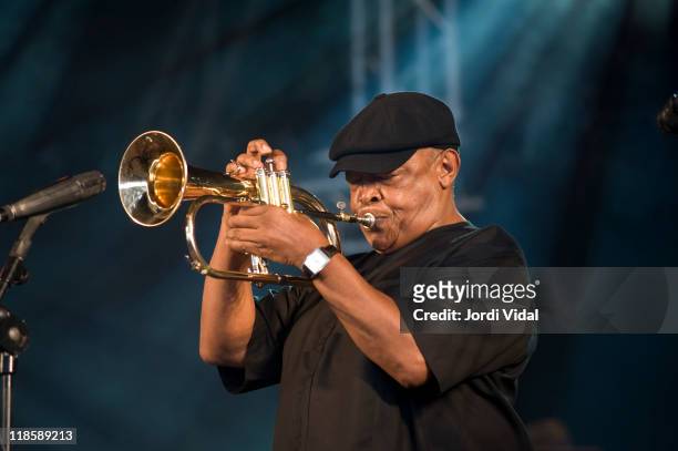 Hugh Masekela of Celebrate Mama Africa performs on stage during the 1st day of Festival Cruilla Barcelona 2011at Parc Del Forum on July 8, 2011 in...