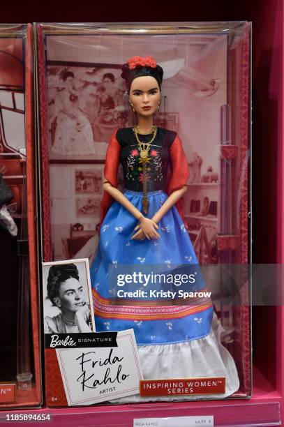 The 'Inspiring Women Series' Barbie Signature Doll of Frida Kahlo is seen during the "Barbie's Dream House" at Galeries Lafayette Haussmann on...