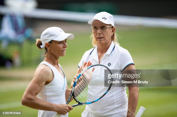 Martina Navratilova of United States of America and Cara Black of Zimbabwe in action during the Ladies Invitational Doubles against Mary Joe...