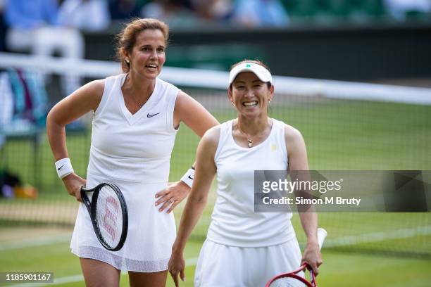 Mary Joe Fernandez of United States of America and Ai Sugiyama of Japan in action during the Ladies Invitational Doubles against Martina Navratilova...