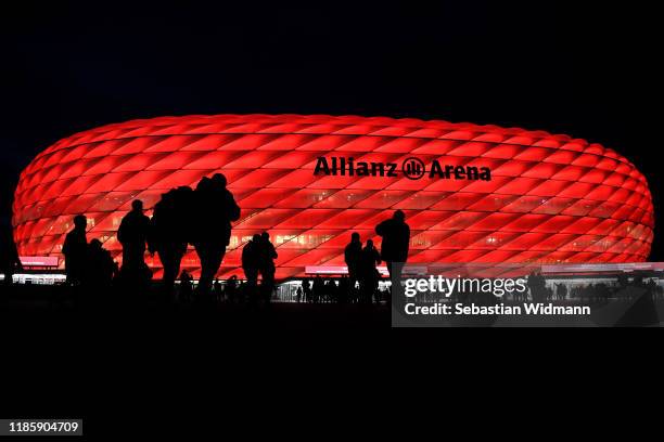 General view outside the stadium as fans arrive ahead of the UEFA Champions League group B match between Bayern Muenchen and Olympiacos FC at Allianz...