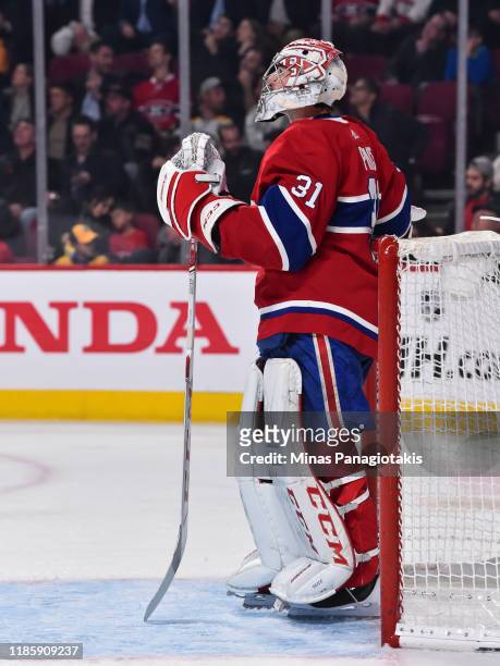 Carey Price of the Montreal Canadiens looks on against the Boston Bruins during the third period at the Bell Centre on November 5, 2019 in Montreal,...