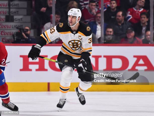 Zdeno Chara of the Boston Bruins skates in his 1,500th career NHL game against the Montreal Canadiens during the first period at the Bell Centre on...