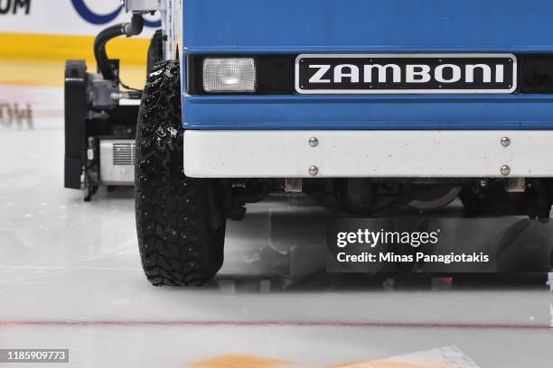 An ice resurfacing machine floods the ice prior to the game between the Montreal Canadiens and the Boston Bruins at the Bell Centre on November 5,...