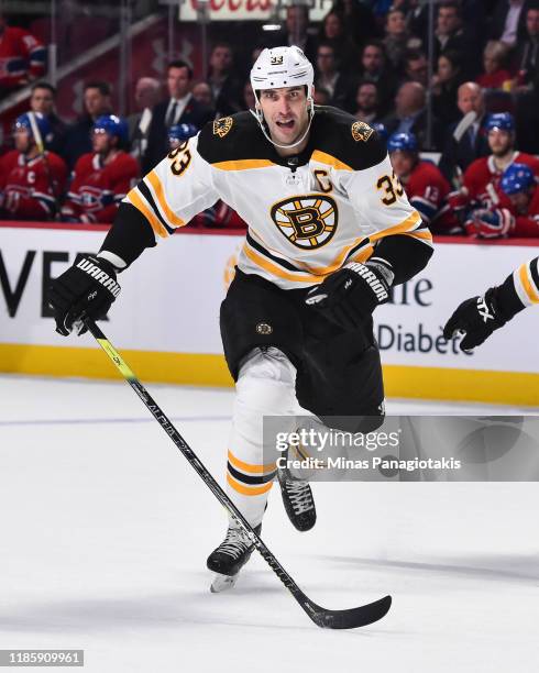 Zdeno Chara of the Boston Bruins skates in his 1,500th career NHL game against the Montreal Canadiens during the first period at the Bell Centre on...