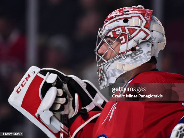 Carey Price of the Montreal Canadiens looks on against the Boston Bruins during the third period at the Bell Centre on November 5, 2019 in Montreal,...