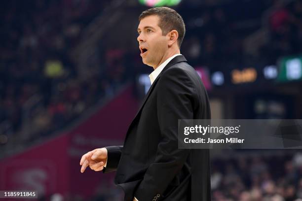 Head coach Brad Stevens of the Boston Celtics yells to his players during the first half against the Cleveland Cavaliers at Rocket Mortgage...