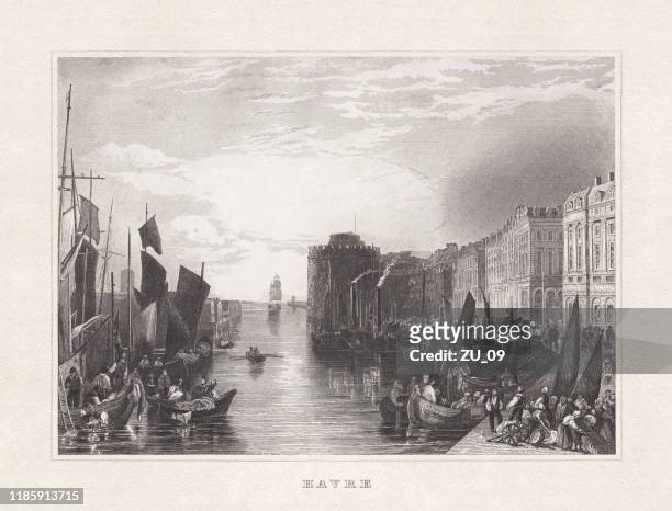 historical view of le havre, france, steel engraving, published 1857 - le havre stock illustrations