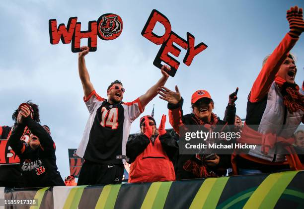 Cincinnati Bengals fans celebrate following the first win of the season against the New York Jets at Paul Brown Stadium on December 1, 2019 in...