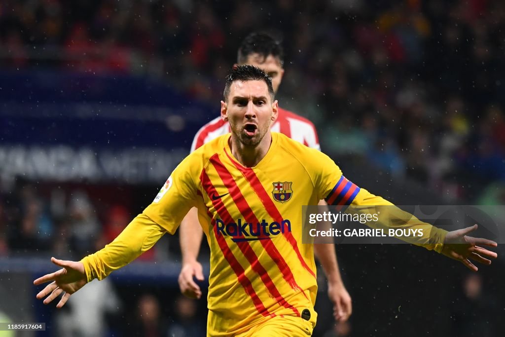 Barcelona's Argentine forward Lionel Messi celebrates after scoring