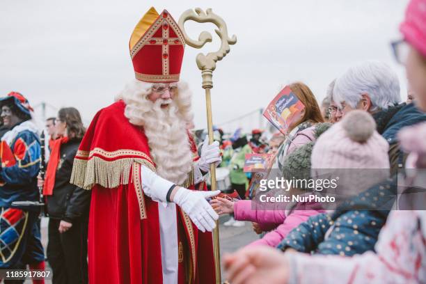 Sinterklass is greeted by people upon his arrival. On 1st December 2019 in Uerdingen, Germany.