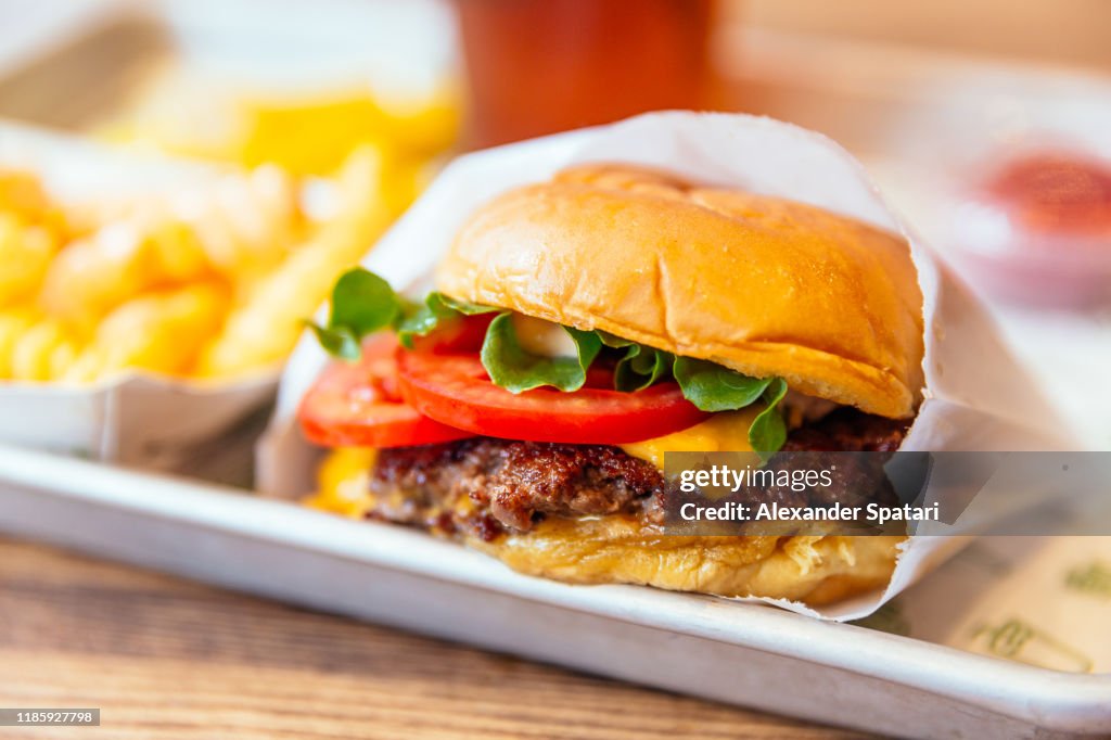 Close up of juicy cheeseburger with fresh tomatoes