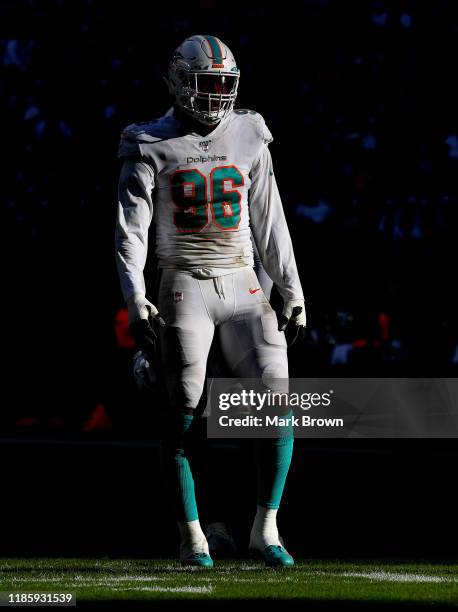 Taco Charlton of the Miami Dolphins in action against the New York Jets in the fourth quarter at Hard Rock Stadium on November 03, 2019 in Miami,...