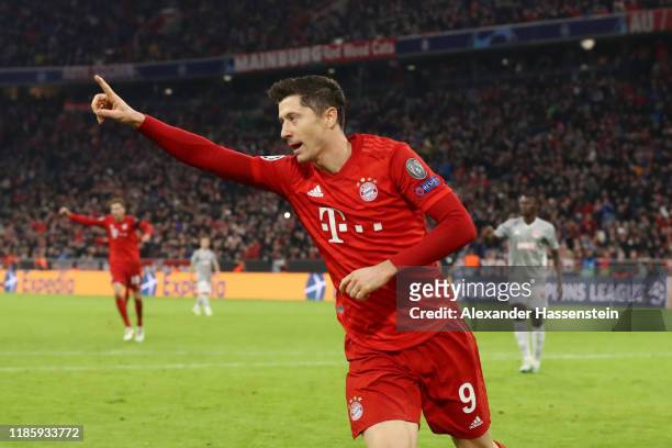 Robert Lewandowski of FC Bayern Munich celebrates after scoring his team's first goal during the UEFA Champions League group B match between Bayern...