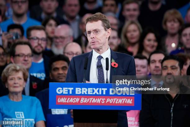 Mayor of the West Midlands Andy Street talks onstage at the launch of the Conservative Party's General Election campaign at the National Exhibition...