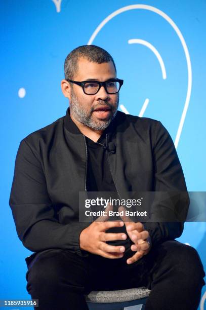 Jordan Peele speaks on stage at the "Unconventional Storytelling: A Creative Conversation with Donna Langley and Jordan Peele" panel at the Fast...