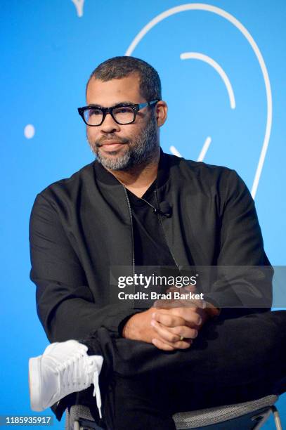 Jordan Peele speaks on stage at the "Unconventional Storytelling: A Creative Conversation with Donna Langley and Jordan Peele" panel at the Fast...