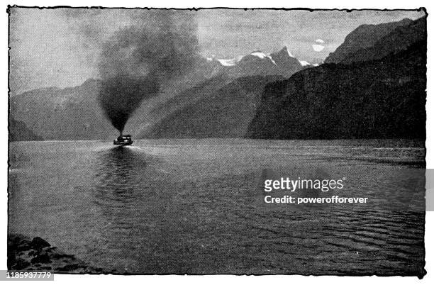 stadt luzern i paddle steamboat on lake lucerne at night in switzerland - 19th century - stadt stock illustrations