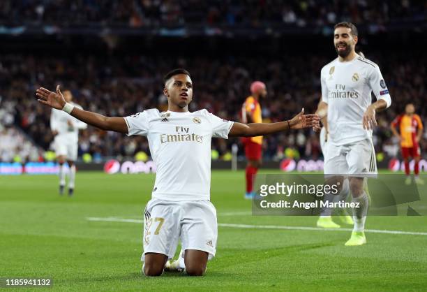 Rodrygo of Real Madrid celebrates after scoring his team's first goal during the UEFA Champions League group A match between Real Madrid and...
