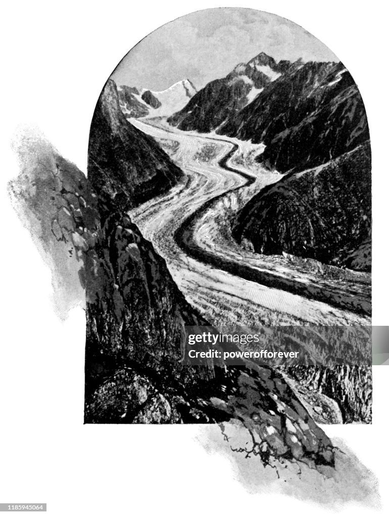 Eisgletschersee am Mont-Blanc-Massiv in Auvergne-Rhein-Alpes, Frankreich - 19. Jahrhundert