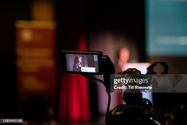 Shoshana Zuboff holding a lecture about surveillance capitalism and democracy on November 06, 2019 in Berlin, Germany. Shoshana Zuboff is a social...