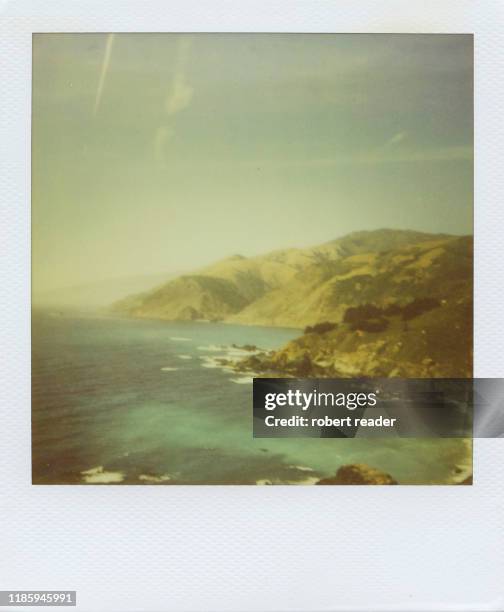 polaroid photograph of big sur coastline - big sur stock-fotos und bilder