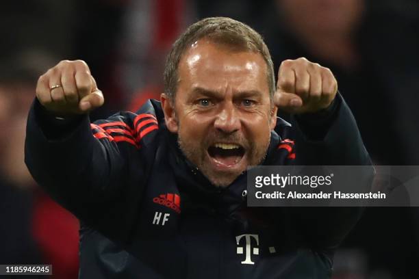 Hans-Dieter Flick, Interim Head Coach FC Bayern Munich celebrates his team's second goal during the UEFA Champions League group B match between...