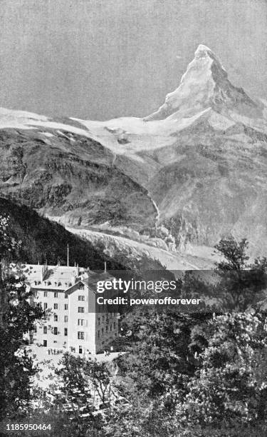 illustrations, cliparts, dessins animés et icônes de riffelalp grand hotel dans la ville de zermatt dans le canton du valais, suisse - 19ème siècle - valais canton