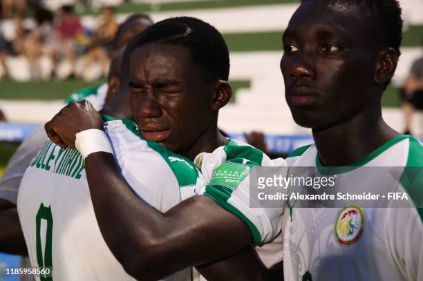 Mouhamadou Diaw of Senegal cries after losing the match against Spain for the FIFA U-17 World Cup Brazil 2019 on November 06, 2019 in Goiania, Brazil.