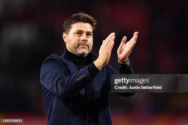 Mauricio Pochettino, Manager of Tottenham Hotspur shows his appreciation to the fans after the UEFA Champions League group B match between Crvena...