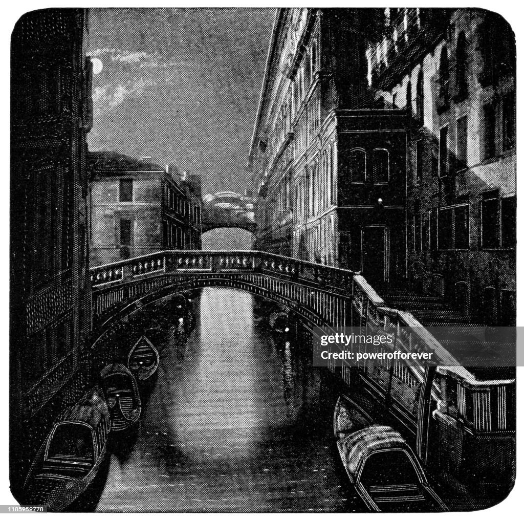 Ponte de la Canonica and Bridge of Sighs over the Cannaregio Canal in Venice, Italy - 19th Century