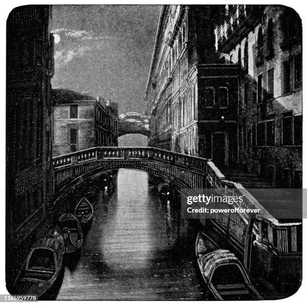 ponte de la canonica and bridge of sighs over the cannaregio canal in venice, italy - 19th century - bridge of sighs stock illustrations