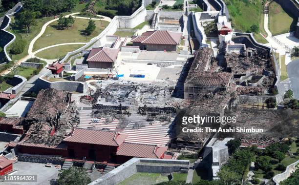 In this aerial image, burned down Shuri Castle is seen on November 6, 2019 in Naha, Okinawa, Japan.