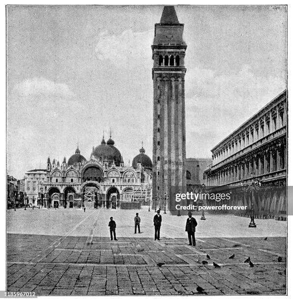 illustrazioni stock, clip art, cartoni animati e icone di tendenza di basilica e campanile di san marco in piazza san marco a venezia - xix secolo - campanile
