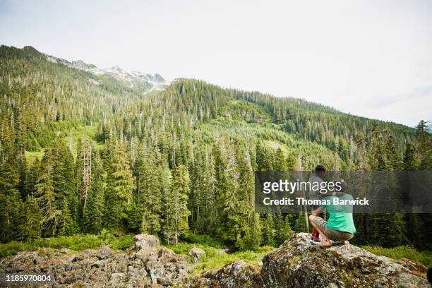 father and son on rock outcropping looking at view of mountains - grand 8 stock pictures, royalty-free photos & images