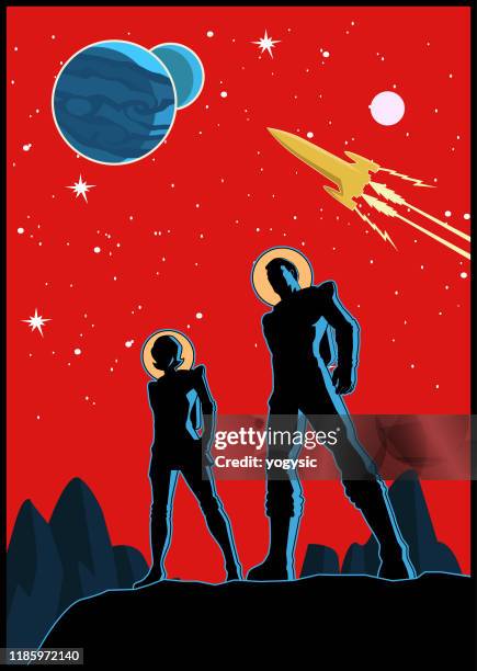 vector retro astronaut couple poster - poster stock illustrations