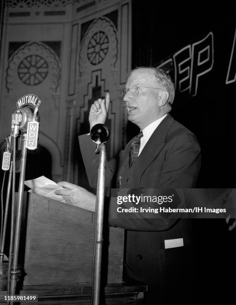 Senator Burton K. Wheeler of Montana speaks at the podium during the America First Committee rally on October 30, 1941 at Madison Square Garden in...