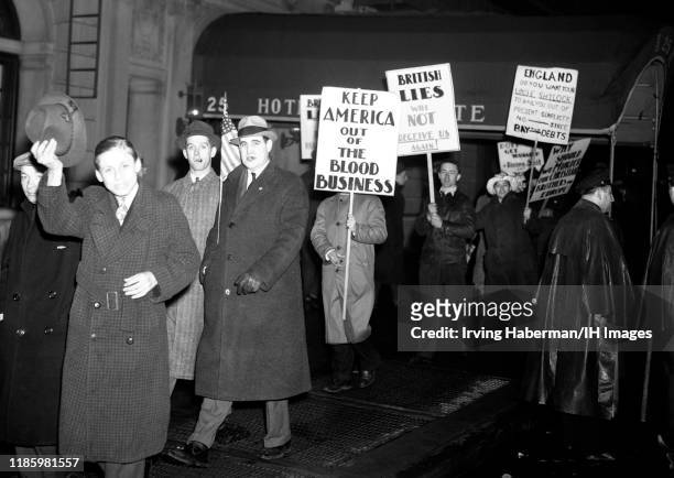 People marching in protest against the United States joining the war in Europe circa 1941 in New York, New York. The AFC was the pressure group...