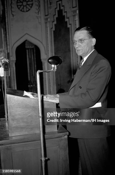 Senator Gerald Prentice Nye of North Dakota speaks at the podium during the America First Committee rally on October 30, 1941 at Madison Square...