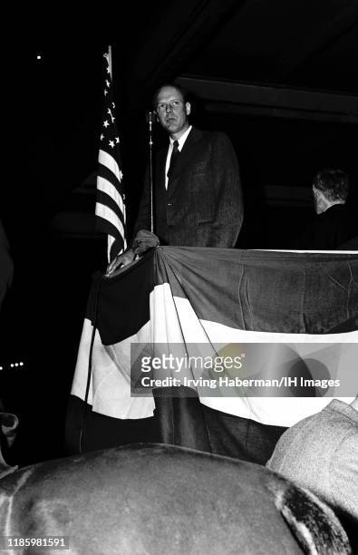 Charles Lindbergh the spokesperson of the America First Committee speaks during the rally on October 30, 1941 at Madison Square Garden in New York,...
