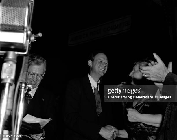 Charles Lindbergh the spokesperson of the America First Committee speaks to novelist Kathleen Norris during the rally on October 30, 1941 at Madison...