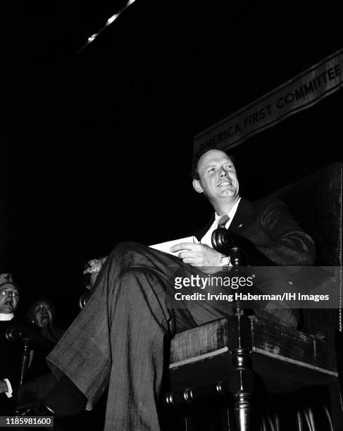 Charles Lindbergh the spokesperson of the America First Committee sits on stage during the rally on October 30, 1941 at Madison Square Garden in New...