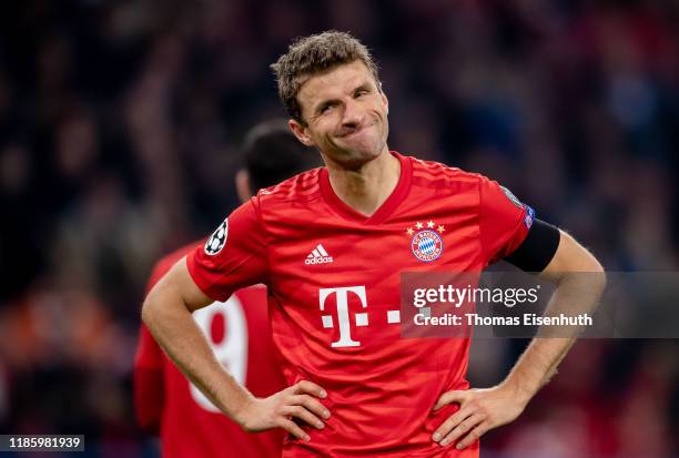 Thomas Mueller of Munich reacts during the UEFA Champions League group B match between Bayern Muenchen and Olympiacos FC at Allianz Arena on November...