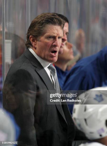 Head Coach of the Toronto Maple Leafs Mike Babcock looks on from the bench against the Philadelphia Flyers on November 2, 2019 at the Wells Fargo...