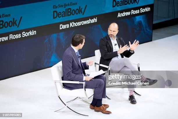 Andrew Ross Sorkin, financial Columnist for The New York Times speaks with Dara Khosrowshahi, C.E.O. Of Uber onstage at 2019 New York Times Dealbook...