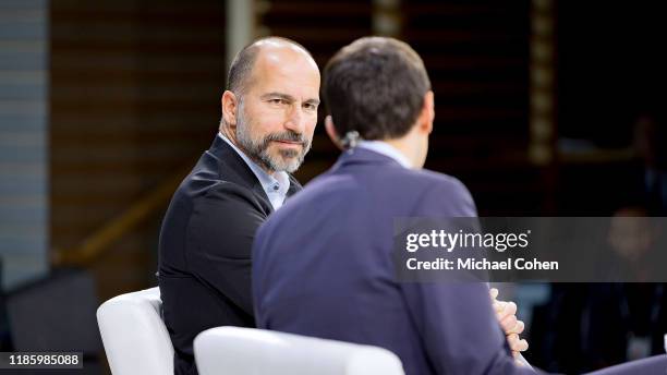 Andrew Ross Sorkin, financial Columnist for The New York Times speaks with Dara Khosrowshahi, C.E.O. Of Uber onstage at 2019 New York Times Dealbook...