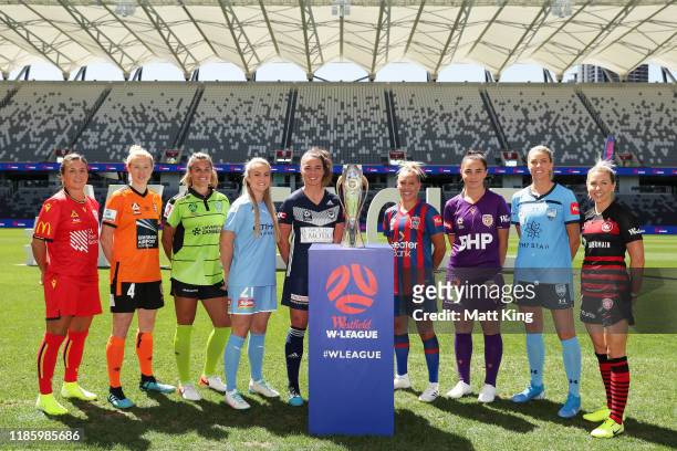 League players pose during the W-League 2019/20 Season Launch at Bankwest Stadium on November 07, 2019 in Sydney, Australia.